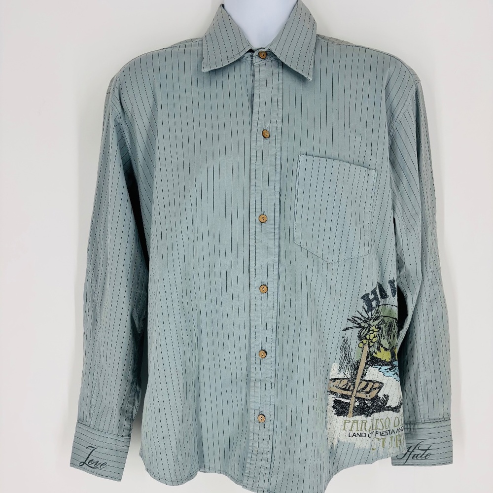Men's Blue Tattoo Jeans Havana Cuba Graphic Shirt Striped Button-Up USA Size: M